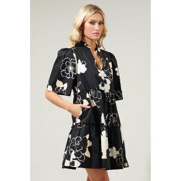 Sugarlips Dixie Split Neck Dress XS NWOT Black Taupe Floral Cotton Pockets Mini - Picture 2 of 7